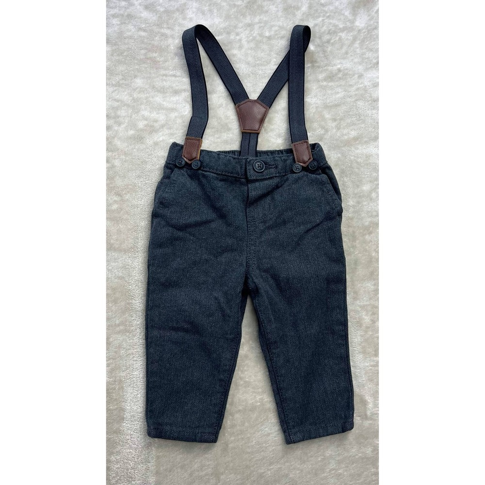 EUC Baby B'gosh Boys Gray Herringbone Dress Pants with Suspenders Size 6M